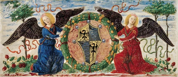 Angeli che tengono uno scudo raffigurante lo stemma degli Sforza, pergamena miniata di Borgogna