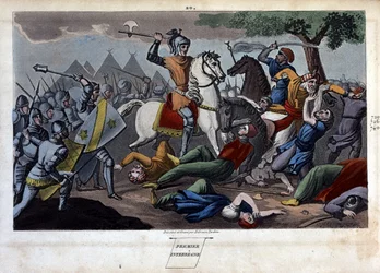 Battaglia di Poitiers: Carlo Martello sconfisse tra Tours e Poitiers Abd al-Rahman I o Abderamane I (Abd al-Rahman) (731-788), re dei Saraceni nel 732 - Disegnato e inciso da Ambrose Tardieu nel 1825