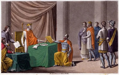 Carlo II il Calvo (823 - 877) firmò il Trattato di Verdun (843) con Ludovico II il Germanico (804 - 876). Disegnato e inciso da Ambroise Tardieu nel 1825.