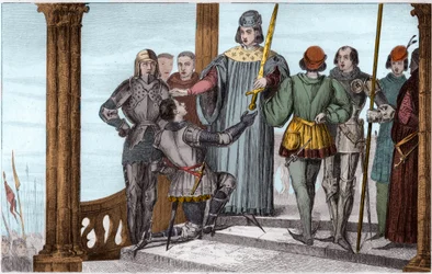 Carlo V il Saggio presenta la sua spada a Duguesdin - Incisione del 1825 in 
