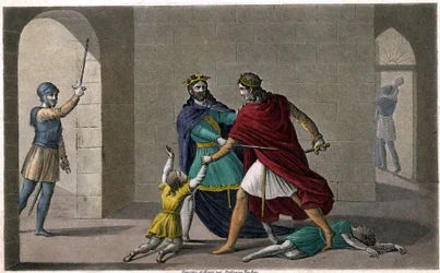 Childeberto I lascia che Clotario (Clotario) massacri i figli del loro fratello Clodomiro, re di Orleans, i cui stati si dividono. Inciso da Ambroise Tardieu nel 1825.