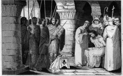 Childerico III (714-751) è detronizzato e confinato in un monastero - Childerico III detronizzato e rinchiuso da Pipino il Breve in un monastero a Saint Omer tra il 742-749 - Incisione del 1825 in "Histoire de France"