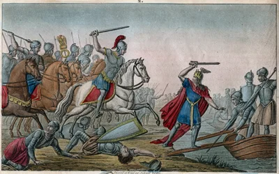 Clodione, detto «il Chiomato» (428-448), antenato dei Merovingi e capo dei Franchi Salii. Clodione fu sconfitto da Ezio, generale di Valentiniano III, che lo costrinse a riattraversare il Reno. Disegnato e inciso da Ambroise Tardieu nel 1825.