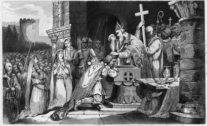 Clodoveo I (465-511) battezzato con gli uomini del suo esercito prima della battaglia di Tolbiac - Battesimo di Clodoveo I, 25 dicembre 496: il re dei Franchi (466-511) viene battezzato da San Remigio (437-533), vescovo di Reims, nella chiesa di San Martin