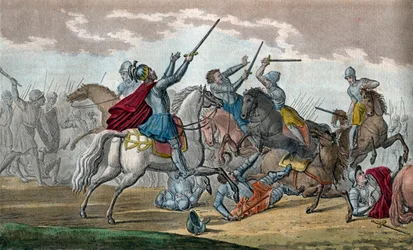 Clodoveo I (466-511), Re dei Franchi, Dinastia dei Merovingi - Durante la Battaglia di Tolbiac contro gli Alemanni, promise di convertirsi al Cattolicesimo se Dio gli avesse concesso la vittoria - Disegno e incisione di Ambroise Tardieu nel 1825