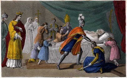 Morte di Pipino di Herstal (635-714) circondato dalla sua famiglia - Disegnato e inciso da Ambroise Tardieu nel 1825
