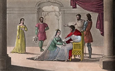 Emma di Francia (894-934) bacia le ginocchia del marito Raoul (circa 890-936) che scelse come re durante la prigionia di Carlo III il Semplice - Disegnato e inciso da Ambroise Tardieu nel 1825