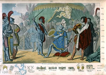 Francesco I di Francia chiede di essere nominato cavaliere dal Cavaliere Bayard dopo la vittoria alla Battaglia di Marignano, Italia