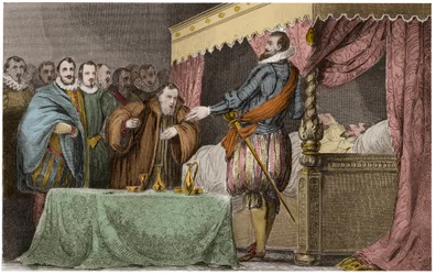Enrico III (1551-1589), Re di Francia, riconosce sul letto di morte Enrico di Navarra (Enrico IV) come suo legittimo successore - Saint-Cloud, 2 agosto