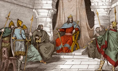 Re Cariberto (521-567) in consiglio con i magistrati - Cariberto, re di Parigi (561-567) che tiene consigli, o rende giustizia - Incisione del 1825 in "Histoire de France rappresentata da dipinti sinottici dedicati ai bambini di Francia"