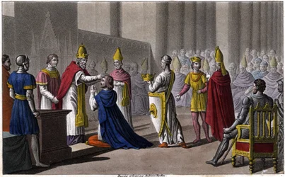Luigi II consacrato una seconda volta al Concilio di Troyes da Giovanni VIII nel 879. Disegnato e inciso da Ambroise Tardieu nel 1825