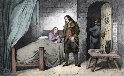 Luigi XVII (1785-95) malato e imprigionato - il Delfino di Francia Luigi XVII (1785-1795) malato nella prigione del Tempio - Incisione del 1825 in "Histoire de France"