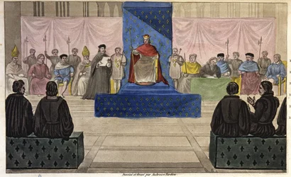 Filippo IV riunisce al Louvre gli Stati Generali, composti da clero, nobiltà e borghesia prominente o terzo stato che fu ammesso per la prima volta nel 1301 - Disegnato e inciso da Ambroise Tardieu nel 1825