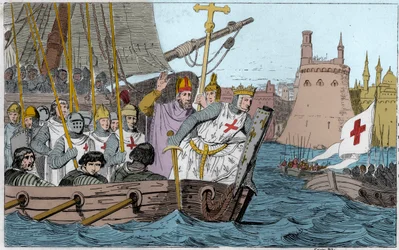 Settima Crociata: Re San Luigi (1214-1270) e i crociati che assediano Damietta nel giugno 1249 nel Basso Egitto - Settima Crociata in Terra Santa 1248-50 - San Luigi IX (1214-70) guida le sue truppe in battaglia - Incisione del 1825 in "Histoire de France"