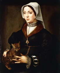 Ritratto di una signora, tre quarti di lunghezza, con costume scuro, che tiene un gatto