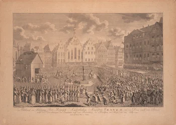 La processione di incoronazione di Francesco II dal Duomo di Francoforte a Römerberg nel luglio 1792