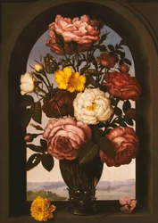 Rose in un Roemer con un Ranuncolo Turbante e un Ciclamino in una Finestra, un Paesaggio Fluviale Oltre