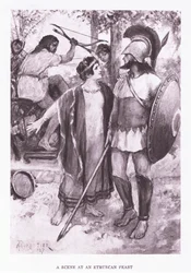 Una scena a un banchetto etrusco, illustrazione da Il Soldato Romano, 1928