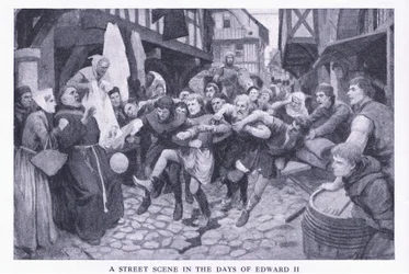 Una scena di strada ai tempi di Edoardo II, da La Storia del Popolo Britannico di Cassell pubblicato da Waverley Book Company Limited, c.1940