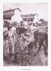 In una stazione di posta, illustrazione da Il Soldato Romano, 1928