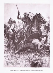 Cavalleria ausiliaria che attacca tribù germaniche, illustrazione da Il Soldato Romano, 1928