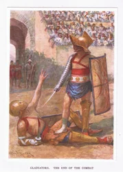 Gladiatori, la fine del combattimento, illustrazione da Il Soldato Romano, 1928
