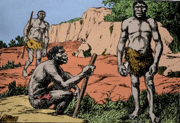 Preistoria: rappresentazione di Homo rhodesiensis o uomo di Broken hill, antenato di Homo sapiens, i cui fossili sono stati scoperti in Rhodesia (attuale Zambia in Africa). Disegno di A. Forestier. DR