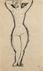Nudo in piedi con le braccia alzate