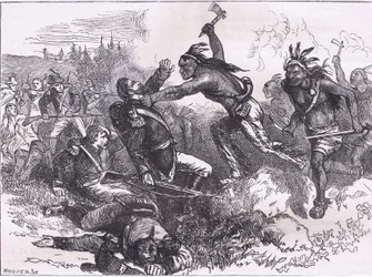 Attacco degli indiani a Fort Dearborn, illustrazione da Cassells History of the United States pubblicata da Cassell, Petter & Galpin, c.1900