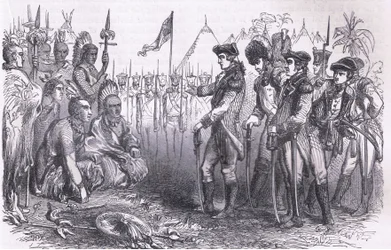 Il generale Burgoyne si rivolge agli indiani, illustrazione da Cassells History of the United States pubblicata da Cassell, Petter & Galpin, c.1900 (litografia)