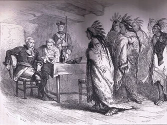 Visita di Pontiac e degli indiani al maggiore Gladwin 1763, illustrazione da Cassells History of the United States pubblicata da Cassell, Petter & Galpin, c.1900