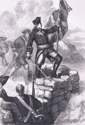 Washington che pianta la bandiera britannica a Fort Duquesne
