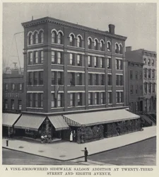 Saloon sul marciapiede coperto di viti a Twenty-Third Street e Eighth Avenue
