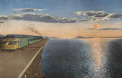 Attraversamento del Grande Lago Salato al tramonto (foto a colori)