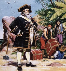 Capo pirata che seppellisce il tesoro