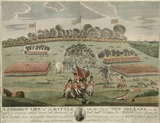 Una vista corretta della battaglia vicino alla città di New Orleans, pub. c.1815 (incisione colorata a mano)