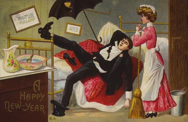 Buon anno, uomo ubriaco sul letto, cameriera che guarda (litografia a colori)