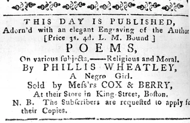 Pubblicità per il primo libro di Phillis Wheatley, dal Boston Gazette, 7 febbraio 1774
