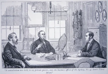 Allan Pinkerton in consultazione con clienti nel suo ufficio di Filadelfia
