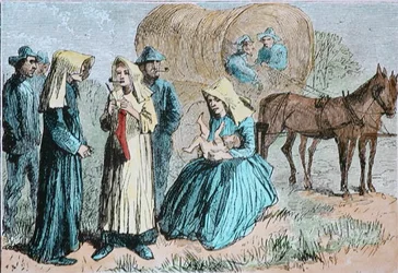 Pionieri del treno di carri americani, c.1860 (incisione colorata)