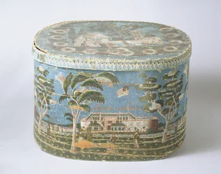 Scatola coperta con carta stampata a blocchi che mostra la vista di un castello, c.1835