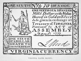 Biglietto per un sesto di dollaro, denaro cartaceo della Virginia del 1777