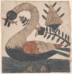 Uccello con pesce, pittura Fraktur, c.1810