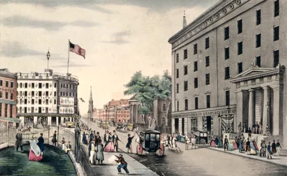 Broadway New York, vista sud dal parco, inciso e pub. da Nathaniel Currier, New York