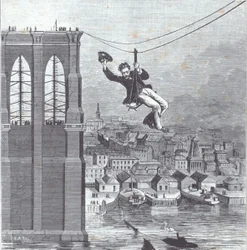 Ponte di Brooklyn in costruzione; il signor Farrington, capo supervisore della costruzione, è il primo a attraversare il tratto tra i due piloni il 25 agosto 1876 (incisione)