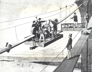 Ponte di Brooklyn in costruzione nel 1876, intrecciando i cavi di sospensione (incisione)