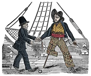 Capitano Mackra e il pirata con la gamba di legno. Incisione da 
