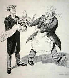 Cartone animato che raffigura il presidente William H. Taft (1857-1930) che consegna la problematica 