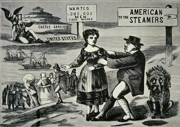 Cartone animato che mostra John Bull che cerca di fermare il crescente flusso di lavoratori verso gli Stati Uniti, c.1850