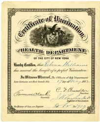 Certificato di vaccinazione, Dipartimento della Sanità della Città di New York..., 1882